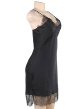 Load image into Gallery viewer, A photo of an elegant and sexy satin black nightgown with lace detail. 