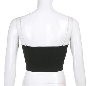Black crop top with diamond heart removable straps. Sexy and trendy, night out, girls not, date night.