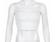 Load image into Gallery viewer, White crop top with diamond heart removable straps. Sexy and trendy, night out, girls not, date night.