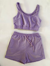 Load image into Gallery viewer, Lavender Lounge Set with shorts and crop top tank. Comfortable and affordable. Sleepwear, trendy.  Edit alt text