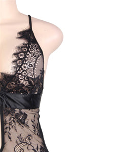 "Date Night" black affordable babydoll with lace and satin belt detail featuring low back.