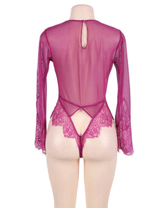 "Endless Love" Long sleeve pink lace and sheer teddy or bodysuit. Plunging neckline. Sexy and classy