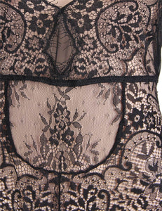 "Endless Love" Long sleeve black lace and sheer teddy or bodysuit. Plunging neckline. Sexy and classy