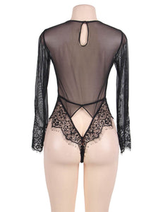 "Endless Love" Long sleeve black lace and sheer teddy or bodysuit. Plunging neckline. Sexy and classy with peephole back. 