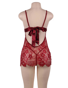 "Date Night" red affordable sexy babydoll with lace and satin belt detail featuring low back.