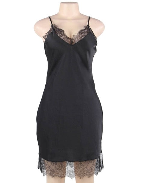 A photo of an elegant and sexy satin black nightgown with lace detail. 