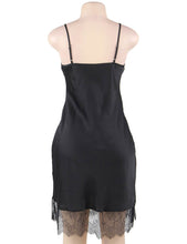 Load image into Gallery viewer, A photo of an elegant and sexy satin black nightgown with lace detail. 