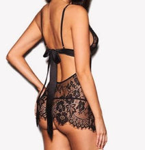 Load image into Gallery viewer, &quot;Date Night&quot; black babydoll with lace and satin belt detail featuring low back.
