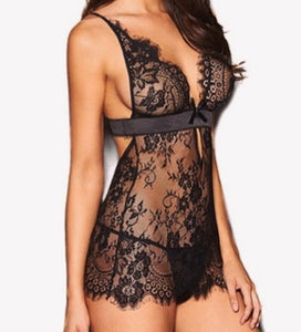 "Date Night" black babydoll with lace and satin belt detail featuring low back.