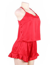 Load image into Gallery viewer, Red satin sexy and comfy affordable pajama set with top and shorts