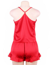 Load image into Gallery viewer, Red satin sexy and comfy affordable pajama set with top and shorts  Edit alt text