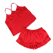 Load image into Gallery viewer, Red satin sexy and comfy affordable pajama set with top and shorts  Edit alt text