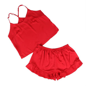 Red satin sexy and comfy affordable pajama set with top and shorts  Edit alt text