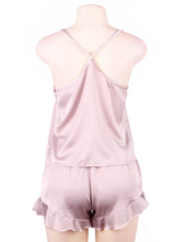 Load image into Gallery viewer, Blush satin sexy and comfy affordable pajama set with top and shorts