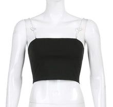 Load image into Gallery viewer, Black crop top with diamond heart removable straps. Sexy and trendy, night out, girls not, date night.
