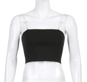 Black crop top with diamond heart removable straps. Sexy and trendy, night out, girls not, date night.