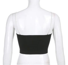 Load image into Gallery viewer, Black crop top with diamond heart removable straps. Sexy and trendy, night out, girls not, date night.