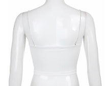 Load image into Gallery viewer, White crop top with diamond heart removable straps. Sexy and trendy, night out, girls not, date night.