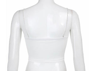 White crop top with diamond heart removable straps. Sexy and trendy, night out, girls not, date night.