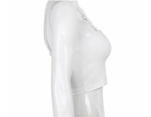 Load image into Gallery viewer, White crop top with diamond heart removable straps. Sexy and trendy, night out, girls not, date night.