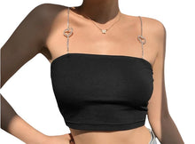 Load image into Gallery viewer, Black crop top with diamond heart removable straps. Sexy and trendy, night out, girls not, date night.
