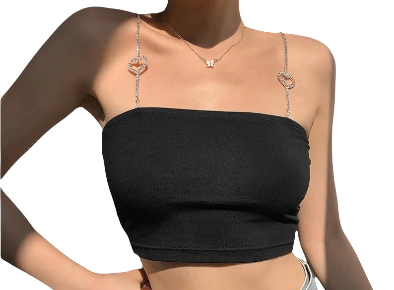 Black crop top with diamond heart removable straps. Sexy and trendy, night out, girls not, date night.