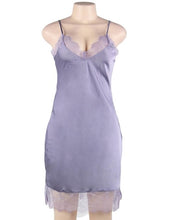 Load image into Gallery viewer, A photo of an elegant and sexy satin lavender nightgown with lace detail. 