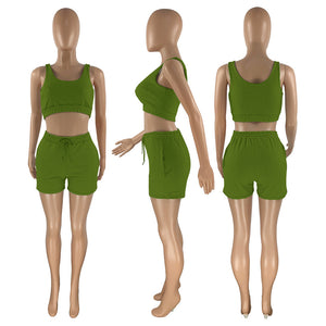 Green Lounge Set with shorts and crop top tank. Comfortable and affordable. Sleepwear, trendy.
