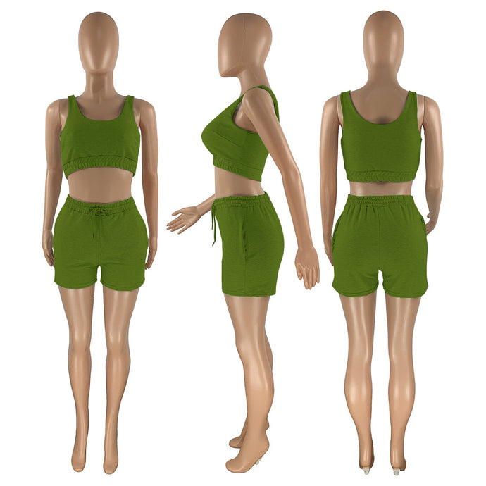 Green Lounge Set with shorts and crop top tank. Comfortable and affordable. Sleepwear, trendy.