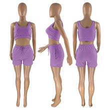 Load image into Gallery viewer, Lavender Lounge Set with shorts and crop top tank. Comfortable and affordable. Sleepwear, trendy.