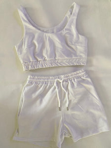 White Lounge Set with shorts and crop top tank. Comfortable and affordable. Sleepwear, trendy.