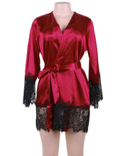 Load image into Gallery viewer, Red and black satin robe with lace detail. Affordable, sexy, classy. Romantic night in, sleepwear, intimate apparel. Holiday lingerie.