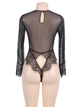 Load image into Gallery viewer, &quot;Endless Love&quot; Long sleeve black lace and sheer teddy or bodysuit. Plunging neckline. Sexy and classy with peephole back. 