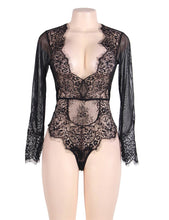 Load image into Gallery viewer, &quot;Endless Love&quot; Long sleeve black lace and sheer teddy or bodysuit. Plunging neckline. Sexy and classy