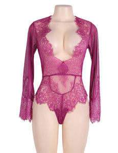 "Endless Love" Long sleeve pink lace and sheer teddy or bodysuit. Plunging neckline. Sexy and classy