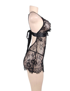 "Date Night" black affordable sexy babydoll with lace and satin belt detail featuring low back.