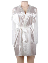 Load image into Gallery viewer, Affordable satin white bridal robe with lace sleeves. Matching panty. Bridal for the Bride To Be. Bridal Shower gift. Wedding night.