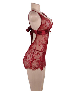 "Date Night" red affordable sexy babydoll with lace and satin belt detail featuring low back.