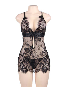 "Date Night" black affordable sexy babydoll with lace and satin belt detail featuring low back.